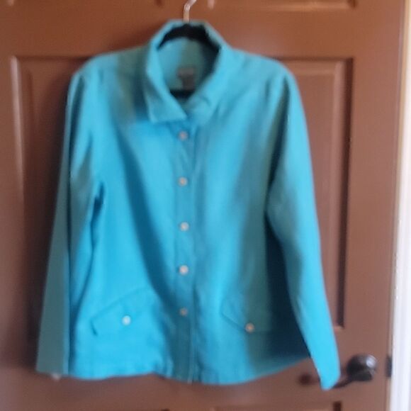 Additions by Chico's-Linen turq. colored collared long sleeved jkt. Size 2=Large - Picture 3 of 11